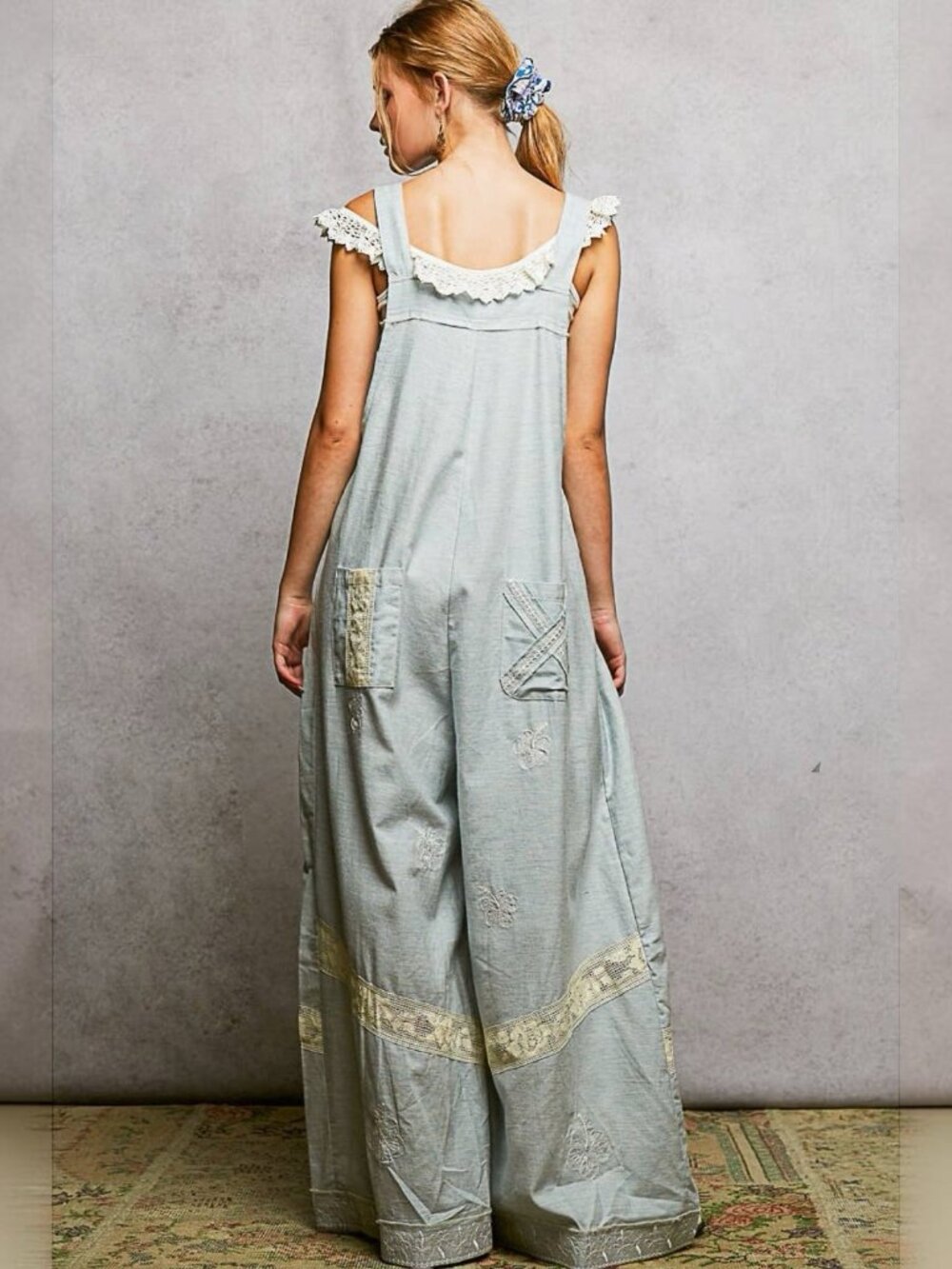 Pol Lace Trim Vintage Washing 100%Cotton Overalls Wide-Leg Sky Blue S M L Relaxe - Picture 10 of 11